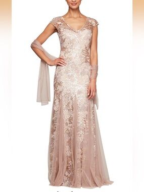 NWT ALEX EVENINGS Cap Sleeve Embroidered Fit and Flare Long Dress Rose Size 18